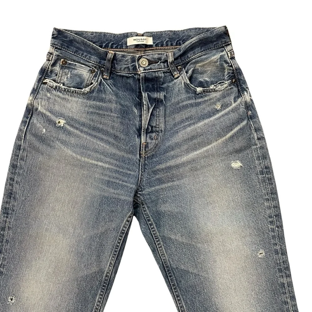 MOUSSY VINTAGE Women's Distressed Howa Jeans Raw Hem Button Fly Straight Blue 27